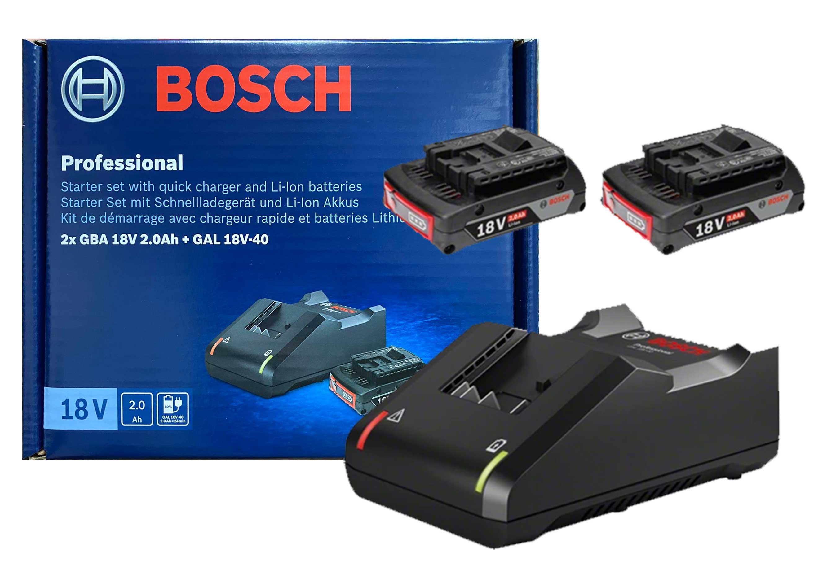 Bosch, Bosch 18V Starter Kit 2x 2.0AH + GAL 18V-40 [Akku & Ladegerät Bundle] (1600A019RP)